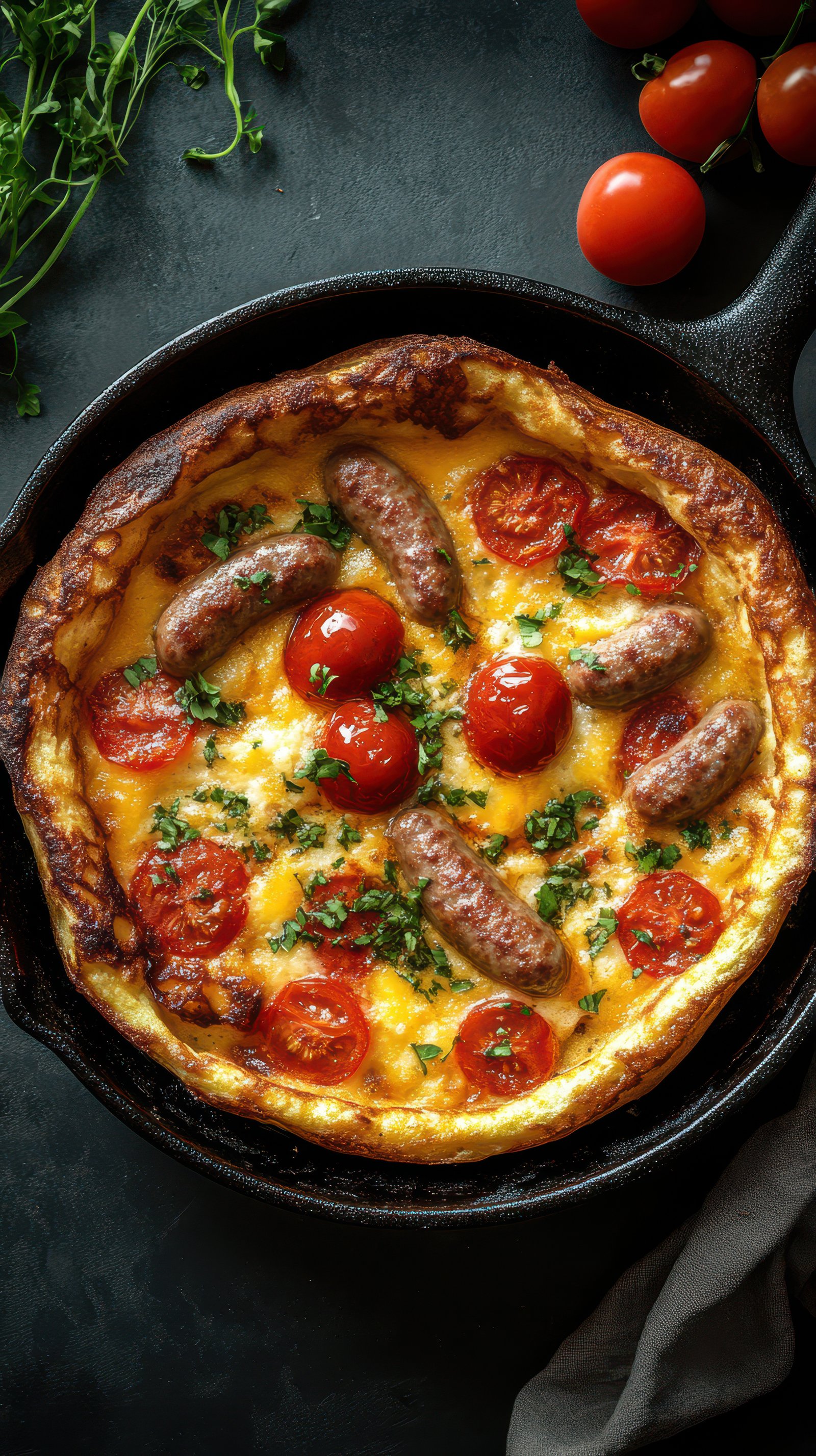 Savory baked dish with sausages and cherry tomatoes in a skillet on a dark background